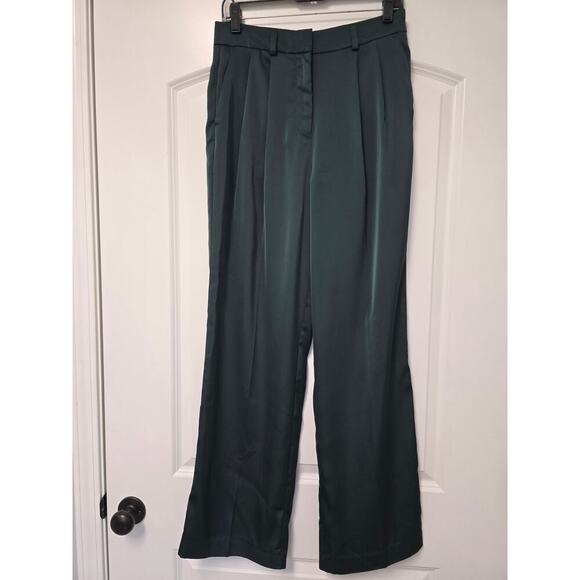 Ella Rafaella Pleated Wide Leg Pants Emerald Green Size 6 TJ962 Silk Like - Picture 3 of 7